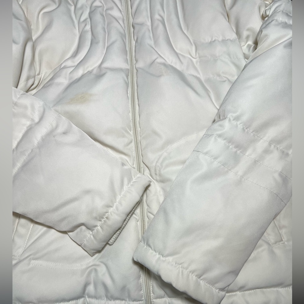 Cream white puffer coat with faux fur lined hood. Size Med. Super cute & cozy. - Picture 12 of 14